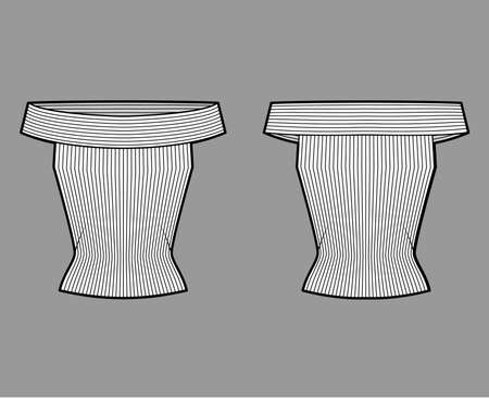 Off-the-shoulder ribbed-knit top technical fashion illustration with sleeveless, close-fitting shape. Flat apparel template front, back, white, color. Women, men, unisex CAD mockupのイラスト素材