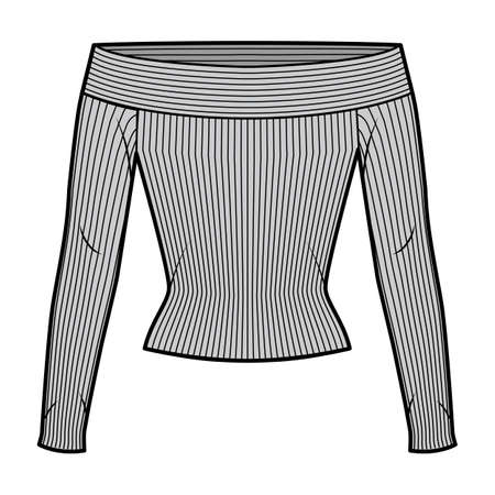 Off-the-shoulder ribbed-knit top technical fashion illustration with long sleeves, close-fitting shape. Flat apparel template front, grey color. Women, men, unisex CAD mockupのイラスト素材