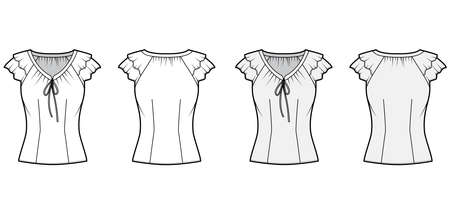 Blouse technical fashion illustration with ties at the V neckline, fluttery ruffles short sleeves, fitted body. Flat apparel template front back grey white color. Women, men, unisex CAD garment mockupのイラスト素材