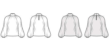 High-cut neck blouse technical fashion illustration with long bishop sleeves, loose fit, button-fastening keyhole at back. Flat apparel top template front back, white grey color. Women men, unisex CADのイラスト素材