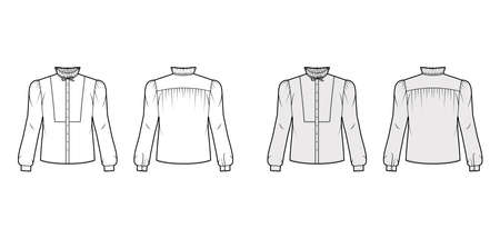 Bow-detailed blouse technical fashion illustration with ruffled collar, long sleeves with cuff, paneled front. Flat apparel shirt template front back white and grey color. Women men and unisex top CADのイラスト素材