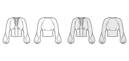 Blouse technical fashion illustration with long bishop sleeves, surplice neckline ties at front, fitted body. Flat apparel shirt template front back white, grey color. Women men, unisex top CAD mockupのイラスト素材