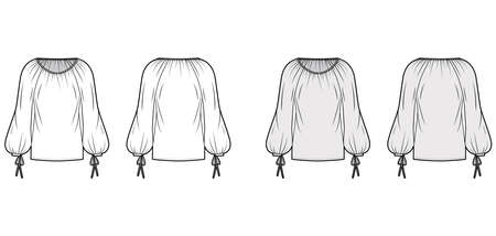 Blouse technical fashion illustration with wide round neckline, breezy silhouette, pintucked pleats, bishop sleeves. Flat apparel shirt template front back, white, grey color. Women men unisex top CADのイラスト素材