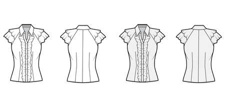 Ruffled shirt technical fashion illustration with sharp collar, fluttery ruffles short sleeves, fitted body. Flat apparel template front back white grey color. Women, men unisex garment CAD mockupのイラスト素材