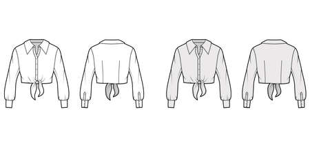 Cropped tie-front shirt technical fashion illustration with oversized collar and long sleeves. Flat apparel blouse template front back, white and grey color. Women, men and unisex top CAD mockupのイラスト素材