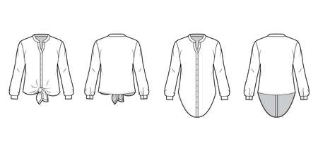 Shirt technical fashion illustration with curved mandarin stand collar, long sleeves, tie hem, oversized body. Flat apparel blouse template front back white color. Women, men and unisex top CAD mockupのイラスト素材