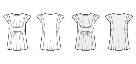 Blouse technical fashion illustration with oversized body, gathered front and back, for a pleated effect, short, cap sleeves. Flat apparel template front, back, white, grey color. Women, men, mockupのイラスト素材
