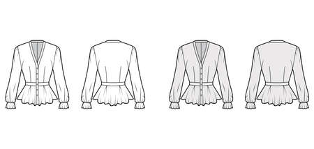 Peplum blouse technical fashion illustration with, V-neckline, baseball collar, romantic sleeves, pleated hem, fitted. Flat shirt apparel template front, back white grey color. Women men unisex mockupのイラスト素材