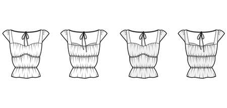 Shirt technical fashion illustration with oversized body, concealed button fastenings along front, ruffles, cropped sleeves. Flat apparel template front, back, white color. Women, men unisex mockupのイラスト素材