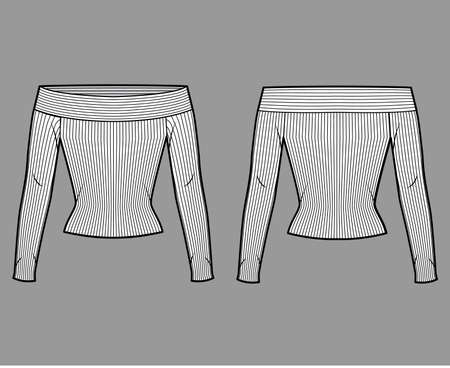 Off-the-shoulder ribbed-knit top technical fashion illustration with long sleeves, close-fitting shape. Flat apparel template front, back, white color. Women, men, unisex CAD mockupのイラスト素材