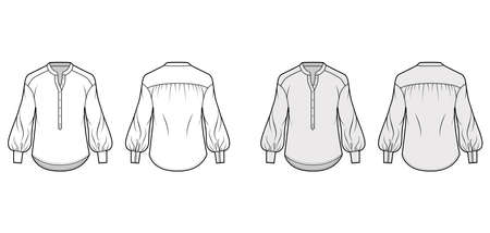 Gathered blouse technical fashion illustration with curved mandarin collar, long bishop sleeves with cuff. Flat apparel shirt template front back, white, grey color. Women, men, unisex top CAD mockupのイラスト素材