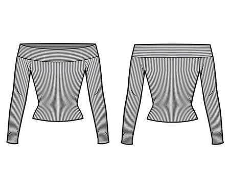 Off-the-shoulder ribbed-knit top technical fashion illustration with long sleeves, close-fitting shape. Flat apparel template front, back, grey color. Women, men, unisex CAD mockupのイラスト素材
