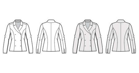 Blazer technical fashion illustration with notched lapel, fitted silhouette, double breasted opening, long sleeves. Flat apparel jacket template front, back, white grey color. Women men unisex mockupのイラスト素材