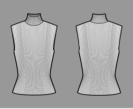Turtleneck rib sweater technical fashion illustration with fitted body, sleeveless jumper. Flat shirt apparel template front, back, white color. Women, men unisex top CAD mockupのイラスト素材