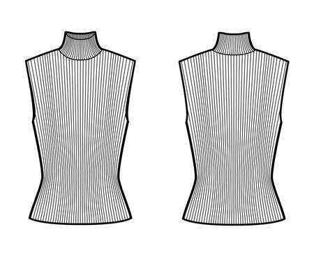 Turtleneck rib sweater technical fashion illustration with fitted body, sleeveless jumper. Flat shirt apparel template front, back, white color. Women, men unisex top CAD mockupのイラスト素材