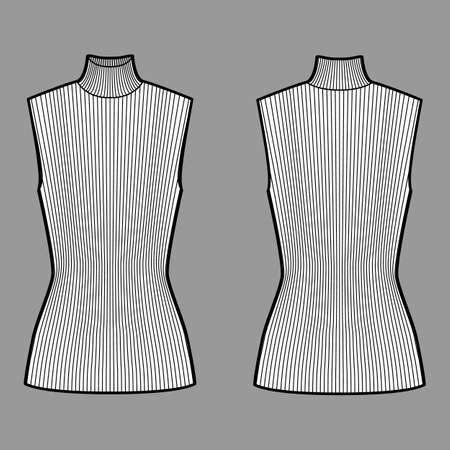Turtleneck rib sweater technical fashion illustration with fitted tunic length body, sleeveless jumper. Flat shirt apparel template front, back, white color. Women, men unisex top CAD mockupのイラスト素材