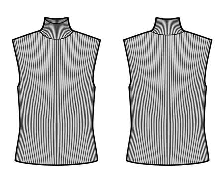 Turtleneck rib sweater technical fashion illustration with oversized body, sleeveless jumper. Flat shirt apparel template front, back, grey color. Women, men unisex top CAD mockupのイラスト素材