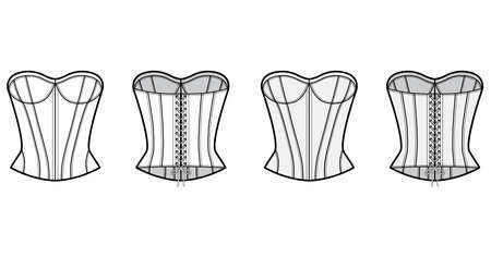 Corset-style top technical fashion illustration with fitted body, scoop strapless neckline, lacing back. Flat blouse apparel template front, back, white grey color. Women, men unisex CAD mockupのイラスト素材