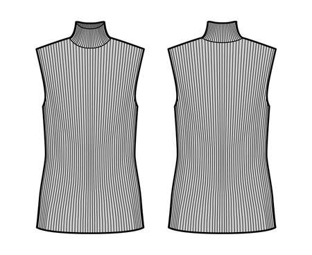 Turtleneck rib sweater technical fashion illustration with oversized tunic length body, sleeveless jumper. Flat shirt apparel template front, back, grey color. Women, men unisex top CAD mockupのイラスト素材
