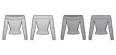 Off-the-shoulder ribbed-knit top technical fashion illustration with long sleeves, close-fitting shape. Flat apparel template front, back, white and grey color. Women, men, unisex CAD mockupのイラスト素材