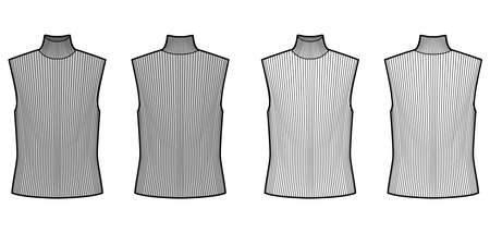 Turtleneck rib sweater technical fashion illustration with oversized body, sleeveless jumper. Flat shirt apparel template front, back, white grey color. Women, men unisex top CAD mockupのイラスト素材