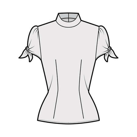Knotted cutout blouse technical fashion illustration with high neckline, puffed volume sleeves, back zip fastening. Flat apparel template front, grey color. Women men unisex garment CAD mockupのイラスト素材