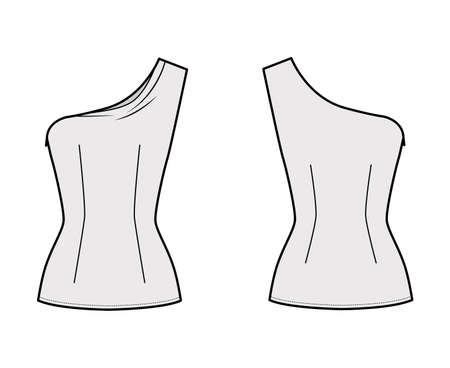 One-shoulder top technical fashion illustration with fitted body, close fit, sleeveless, side zip fastening. Flat apparel blouse template front, back grey color. Women, men and unisex mockup CADのイラスト素材