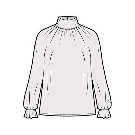 Turtleneck blouse technical fashion illustration with long sleeves, flouncy ruffled cuffs, oversized body. Flat apparel template front, grey color. Women men unisex garment CAD mockupのイラスト素材