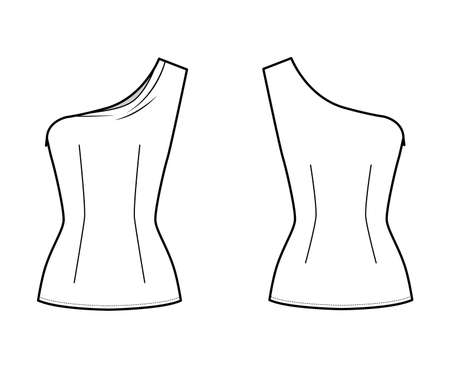 One-shoulder top technical fashion illustration with fitted body, close fit, sleeveless, side zip fastening. Flat apparel blouse template front, back white color. Women, men and unisex mockup CADのイラスト素材