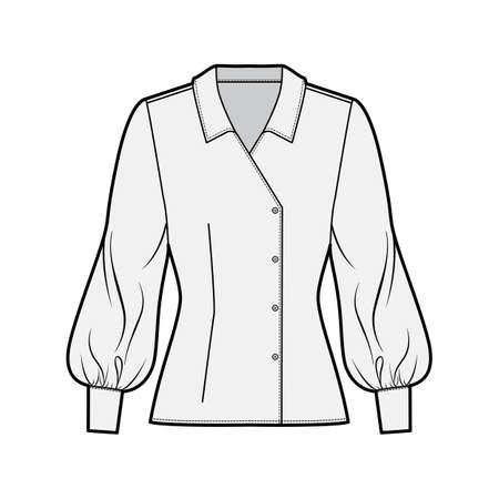 Blouse technical fashion illustration with regular collar, long bishop sleeves, fitted body, double breasted. Flat apparel template front grey color. Women, men unisex CAD garment designer mockupのイラスト素材