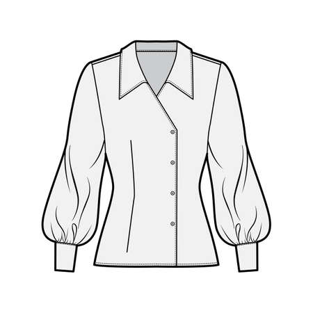 Blouse technical fashion illustration with oversized collar, long bishop sleeves, fitted body, double breasted. Flat apparel template front grey color. Women, men unisex CAD garment designer mockupのイラスト素材