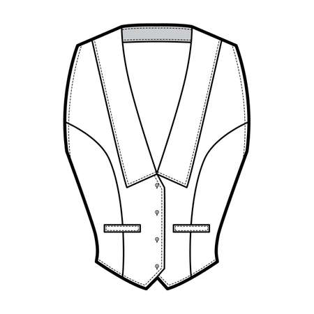 Halterneck vest technical fashion illustration with deep V neck, fitted body, front button fastenings. Flat apparel template front, white color. Women men and unisex top CAD mockupのイラスト素材