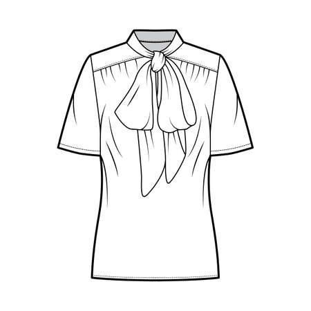 Pussy-bow blouse technical fashion illustration with oversized body, loose fit, short sleeves. Flat shirt apparel template front and white color. Women, men and unisex mockup CAD for designerのイラスト素材