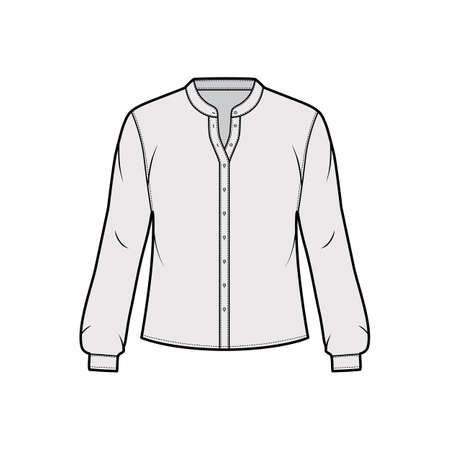 Shirt technical fashion illustration with curved mandarin stand collar and long sleeves with cuff. Flat apparel blouse template front, grey color. Women, men and unisex top CAD mockupのイラスト素材