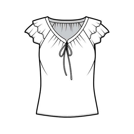 Blouse technical fashion illustration with ties at the V neckline, fluttery ruffles short sleeves, loose fitted body. Flat apparel template front white color. Women men unisex CAD garment mockupのイラスト素材