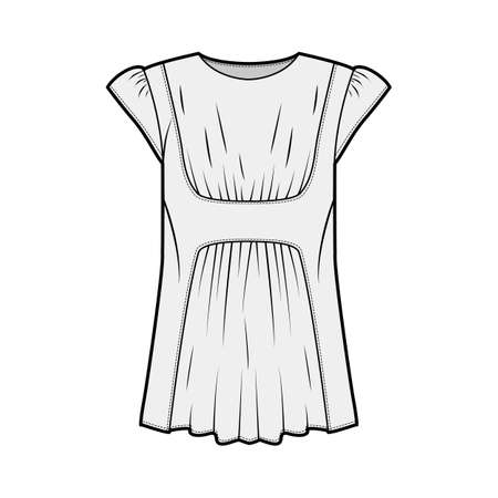 Blouse technical fashion illustration with oversized body, gathered front and back, for a pleated effect, short, cap sleeves. Flat apparel template front, grey color. Women, men, unisex CAD mockupのイラスト素材