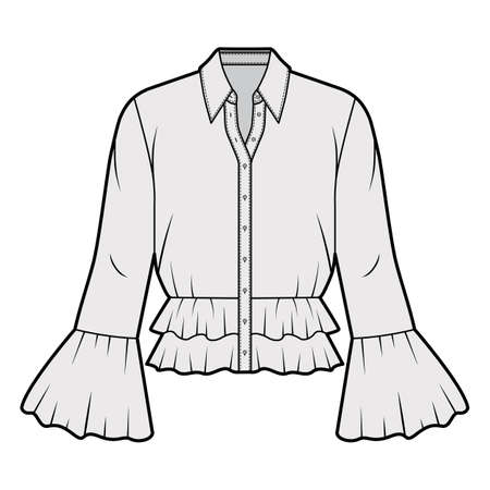 Shirt technical fashion illustration with peplum hem, collar with stand, long sleeves, voluminous fluted cuffs. Flat apparel blouse template front grey color. Women men and unisex CAD mockupのイラスト素材