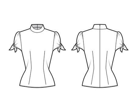 Knotted cutout blouse technical fashion illustration with high neckline, puffed volume sleeves, back zip fastening. Flat apparel template front, back white color. Women men unisex garment CAD mockupのイラスト素材