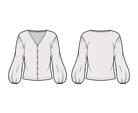 Blouse technical fashion illustration with V neck, dropped voluminous sleeves, oversized body. Flat apparel shirt template front, back, grey color. Women men and unisex top CAD mockupのイラスト素材