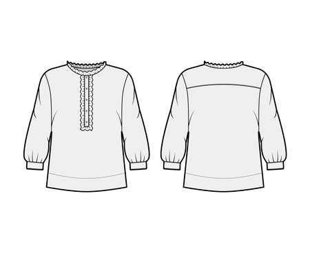 Shirt technical fashion illustration with oversized body, concealed button fastenings along front, ruffles, cropped sleeves. Flat apparel template front, back, white color. Women, men unisex mockupのイラスト素材