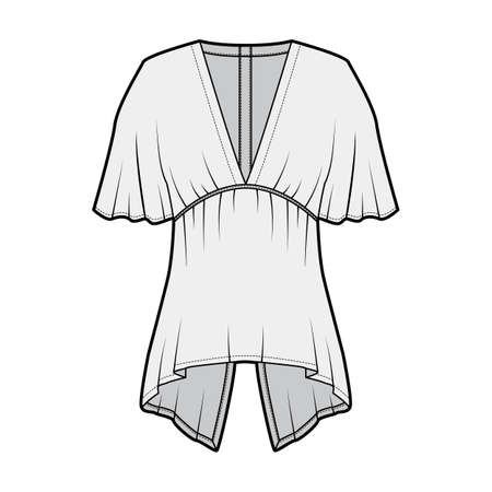 Blouse technical fashion illustration with elbow circle sleeves, deep V neck, split hem and snap-fastenings at back. Flat apparel template front, grey color. Women men unisex garment mockupのイラスト素材