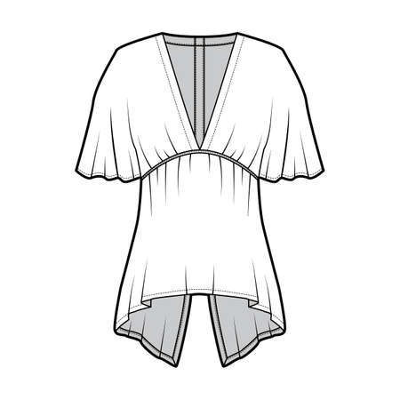 Blouse technical fashion illustration with elbow circle sleeves, deep V neck, split hem and snap-fastenings at back. Flat apparel template front, white color. Women men unisex garment mockupのイラスト素材