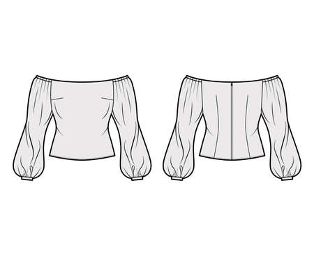 Off-the-shoulder top technical fashion illustration with long sheer puffy sleeves, back zip fastening. Flat apparel blouse template front, back, grey color. Women, men and unisex mockup CADのイラスト素材