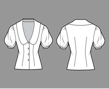 Blouse technical fashion illustration with collar framing the plunging V neck, oversized medium puffed sleeves, fitted body. Flat apparel template front back white color. Women men unisex CAD mockupのイラスト素材