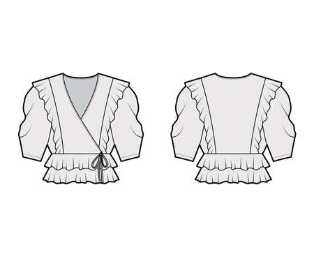 Ruffled wrap blouse technical fashion illustration with peplum hem, elbow volume sleeves. Flat apparel shirt template front, back, grey color. Women, men and unisex mockup CAD for designerのイラスト素材