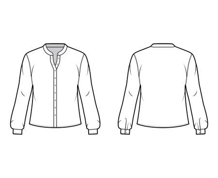 Shirt technical fashion illustration with curved mandarin stand collar and long sleeves with cuff. Flat apparel blouse template front back, white color. Women, men and unisex top CAD mockupのイラスト素材