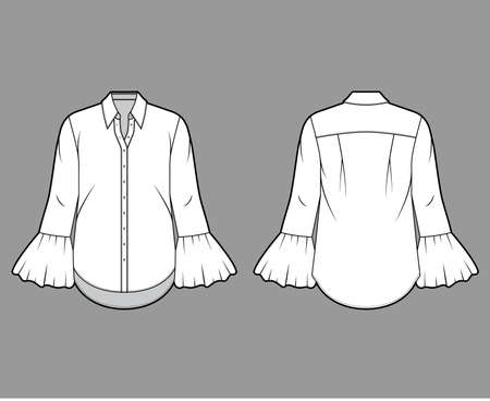 Classic shirt technical fashion illustration with sharp collar, voluminous fluted cuffs, long sleeves, oversized body. Flat apparel template front back white color. Women, men unisex CAD mockupのイラスト素材