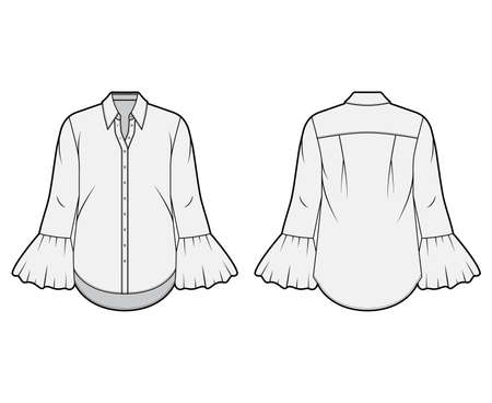 Classic shirt technical fashion illustration with sharp collar, voluminous fluted cuffs long sleeves, oversized body. Flat apparel template front back grey color. Women men unisex garment CAD mockupのイラスト素材