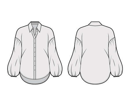 Shirt technical fashion illustration with collar stand, dropped long puff sleeves, oversized body, front button fastenings. Flat apparel blouse template front back grey color. Women men unisex mockupのイラスト素材