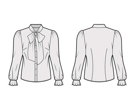Pussy-bow blouse technical fashion illustration with long blouson sleeves, flouncy ruffled cuffs, fitted body. Flat apparel shirt template front, back, grey color. Women men unisex garment CAD mockupのイラスト素材